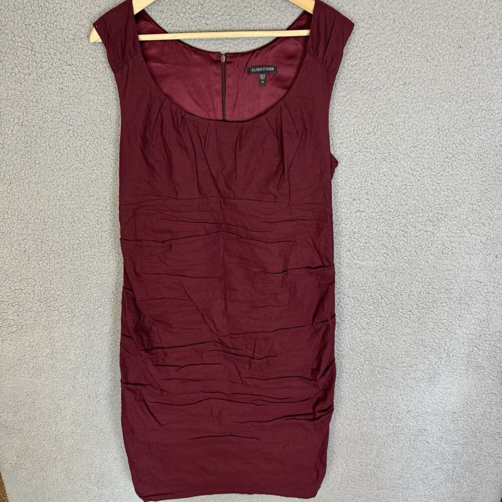 Eileen Fisher‎ Dress Womens 10 Shirred Ruched Cotton Steel Stitch Cranberry